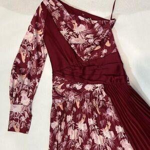 Three Floor Xilitla Burgundy Floral One Shoulder Accordion Pleated Midi Dress 4